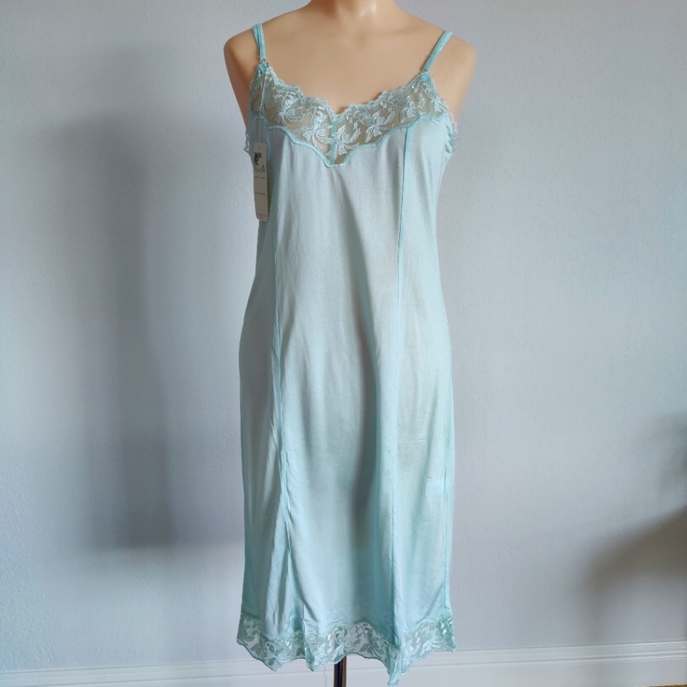 NWT Vintage Silk Slip Dress | Knit Silk Lingerie Nightgown- Aqua | Lace Chemise
